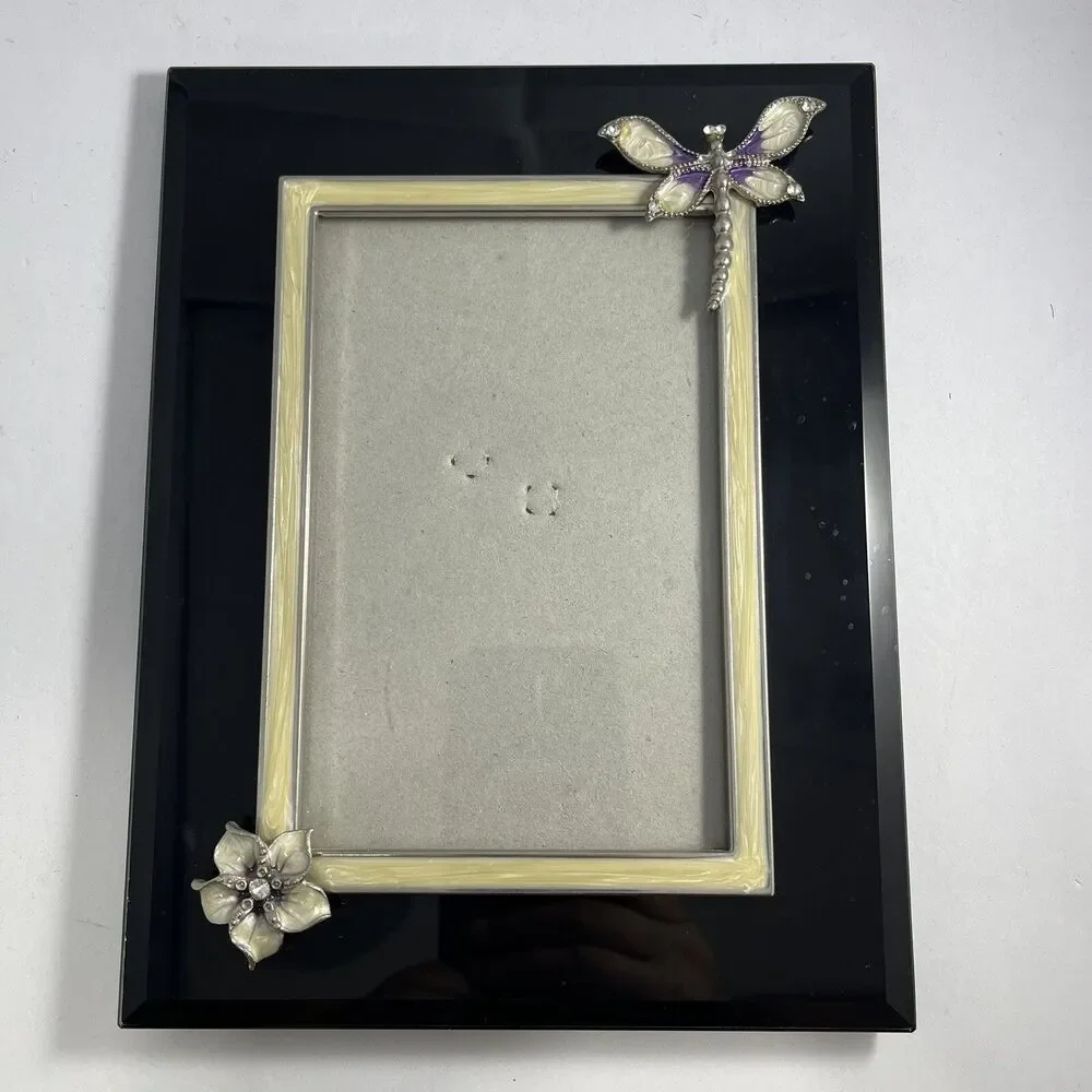 Dragonfly Flower 4x6 Photo Frame Black Enamel Ivory Accent Decorative Frame